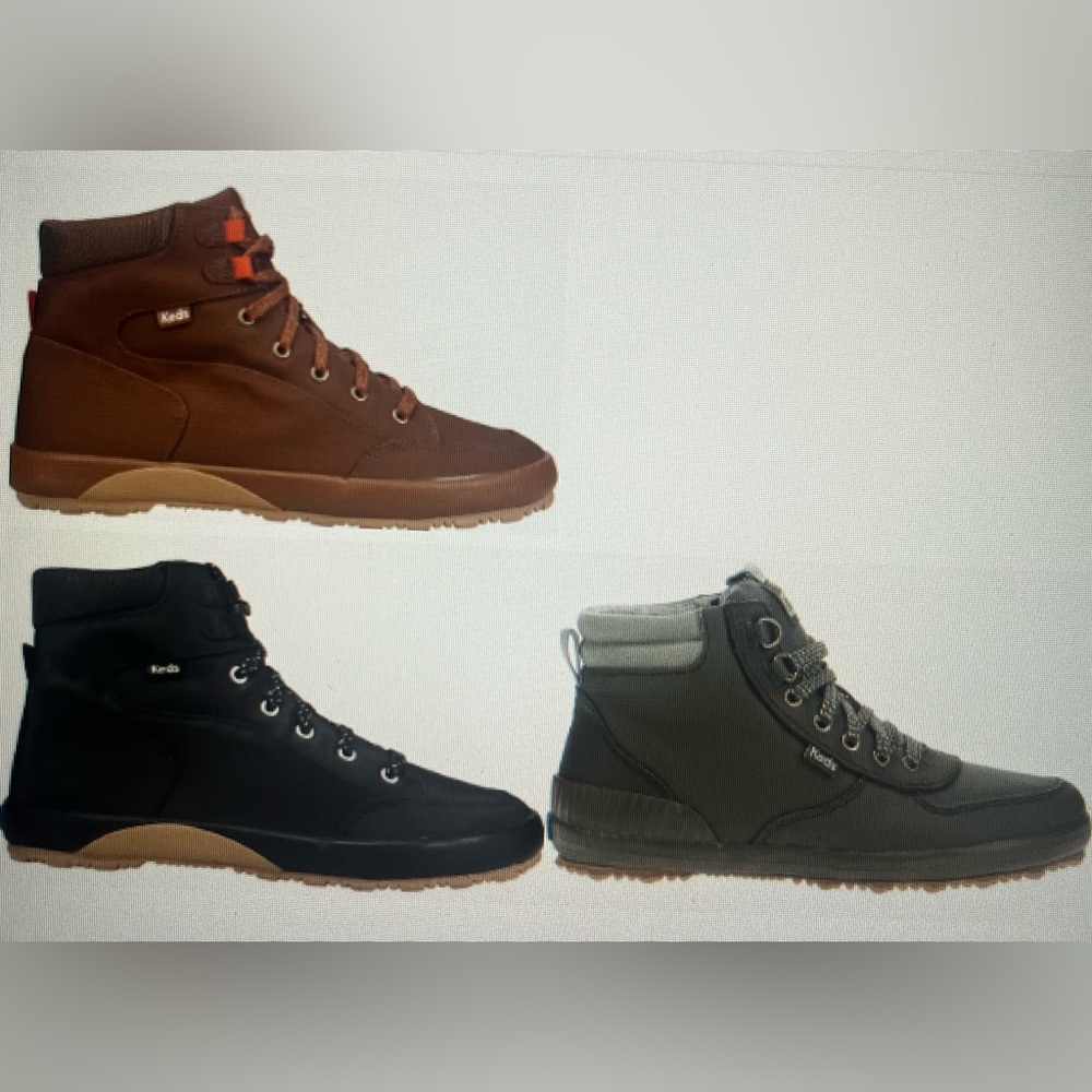 Keds 3 PAIR: Brown, Black, and Green Boots/Hitops. Each worn once for photos.